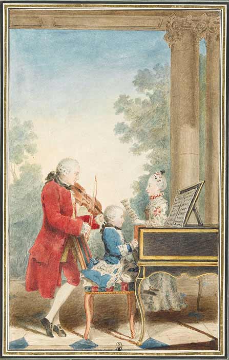The Mozart family on tour: Leopold, Wolfgang, and Nannerl by Carmontelle (c. 1763) (Public Domain)