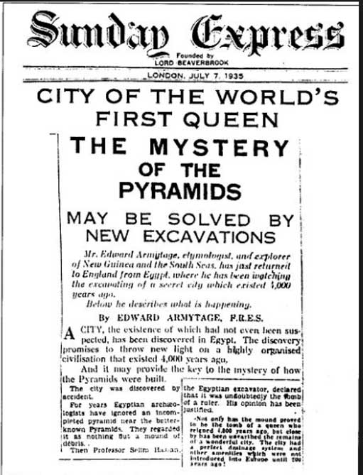 The unearthing of a lost city in Egypt was reported in many papers in 1935, including this report in the Sunday Express on 7 July, 1935 (public domain)