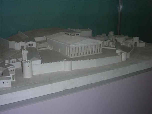 Restoration of the Eleusinian Sactuary (550 – 510 BC) at Eleusis showing the Pisistratan Wall and Telesterion. Model by J Travlos (Image: Courtesy Micki Pistorius)