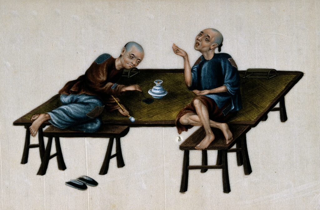 Humiliation of China: Two poor Chinese opium smokers. Gouache painting on rice-paper. Credit: Wellcome Library. 