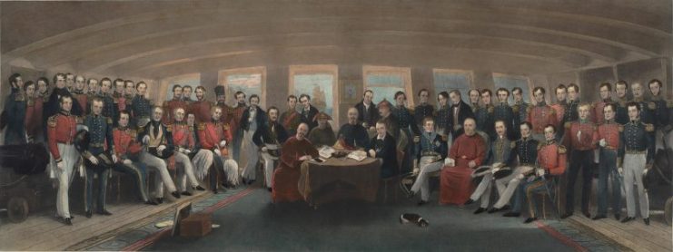 The Humiliation of China: The signing and sealing of the Treaty of Nanking. Source: Painted by Captain John Platt 1856, (Brown University)