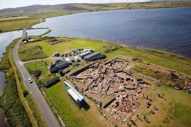 Overlooking the main trench at the Ness of Brodgar, facing towards the Stones of Stenness (Hugo Anderson-Whymark)
