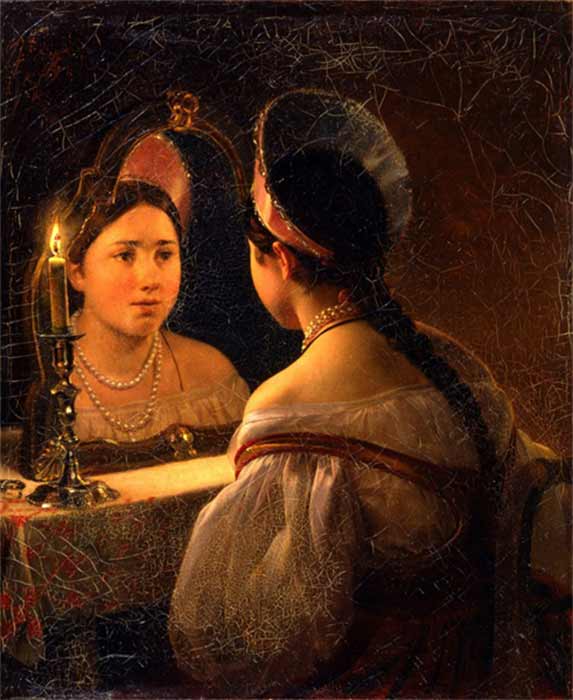Russian folk catoptromancy - divination using a mirror - by Karl Briullov, (1836) Nizhniy Novgorod Museum (Public Domain)