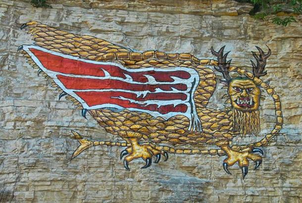 A modern reproduction of the "Piasa Bird", on the bluffs of the Mississippi River in Alton. Wings were not described in Marquette's 1673. (Burfalcy/CC BY SA 3.0)