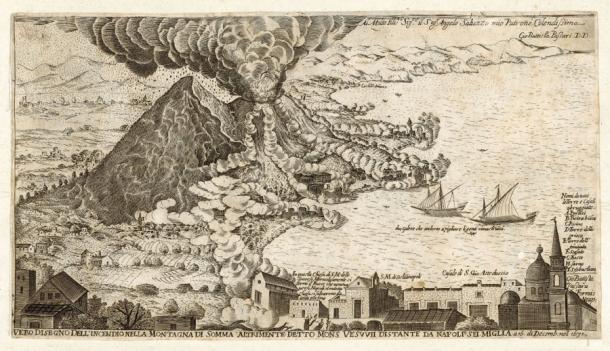 Eruption of Mount Vesuvius in 1631 near Naples, Italy from an ancient 17th-century painting by Giovanni Battista Passeri. (scaliger / Adobe Stock)