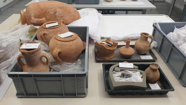 The stash of artifacts discovered in the Punic tomb which was recently unearthed in Malta. (Water Service Corporation)
