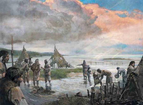 Representation of the Mesolithic people of Doggerland dealing with rising sea levels. (Alexander Maleev)