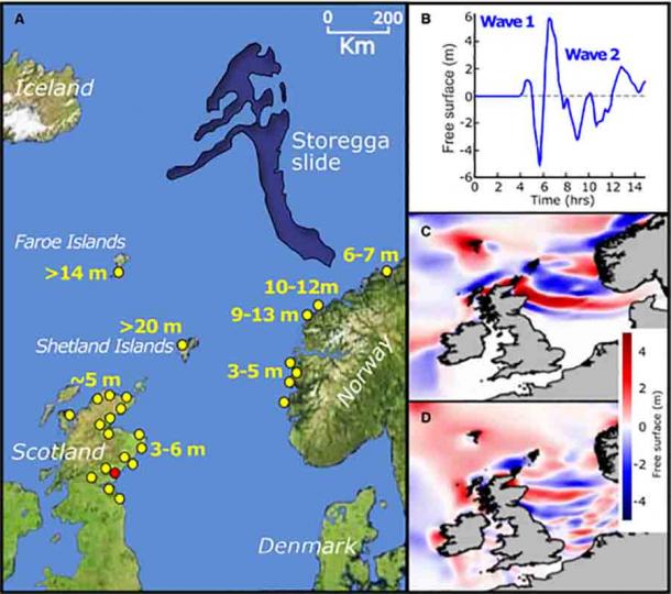 The Storegga tsunami. A. Location of slide causing tsunami and location of coastal sites where tsunami deposits have been reported and the estimated wave at those sites. Montrose Basin in eastern Scotland is shown as a red circle. B. Modelled tsunami wave gauge using modern bathymetry for eastern Scotland. C and D. Modelled tsunami wave map showing distribution of first and second major waves to hit Scotland. (Bateman et al. 2021)