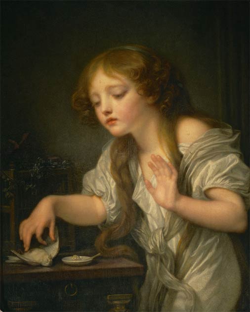 Girl weeping for her dead bird, a 1759 painting by Jean-Baptiste Greuze (Public domain)