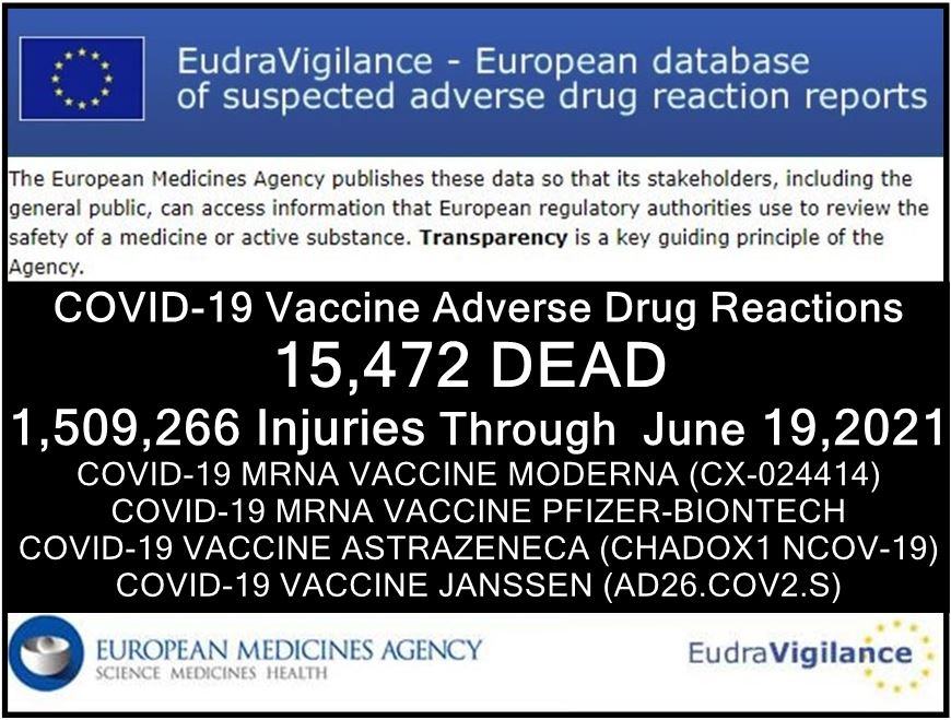 eu’s database of adverse drug reactions for covid 19 shots 1.5 million injured (50% serious) & 15,472 dead