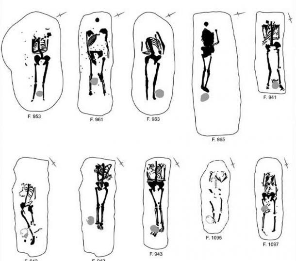 Ten of the graves from the Knobb’s Farm site. Many were in poor condition, and some were reduced to sand shadows. (Cambridge Archaeological Unit)