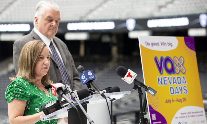 Heidi Parker, executive director of Immunize Nevada, helps to announce a COVID-19 vaccine incentive program, "Vax Nevada Days," in the Twitch Lounge at Allegiant Stadium in Las Vegas on June 17, 2021. (Ellen Schmidt/Las Vegas Review-Journal via AP)