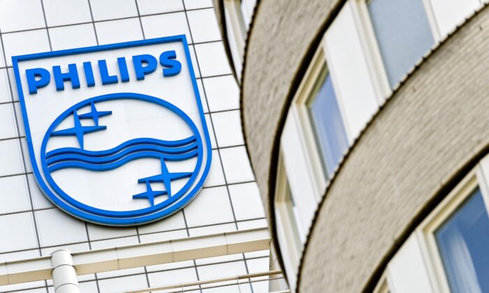 The Philips logo on the office in Amsterdam, Netherlands, on April 18, 2011. (Koen van Weel/ANP/AFP via Getty Images)