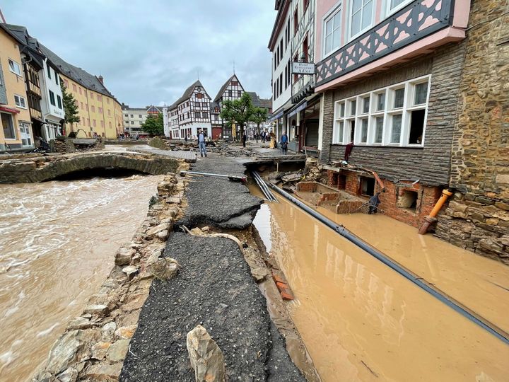 A road is distroyed in Bad Muenstereifel, Germany.