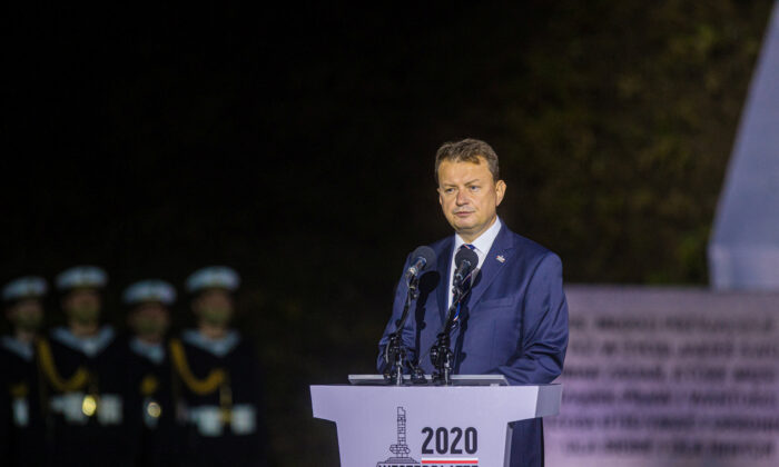 Poland's Minister of Defense Mariusz Blaszczak delivers a speech during a commemorative ceremony to mark the 81st anniversary of the outbreak of World War Two at Westerplatte Memorial in Gdansk, Poland, on Sept. 1, 2020. (Michal Ryniak/Agencja Gazeta/via Reuters)