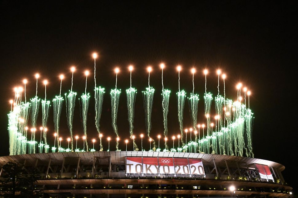 Fireworks light up the sky over the Olympic Stadium.&nbsp;