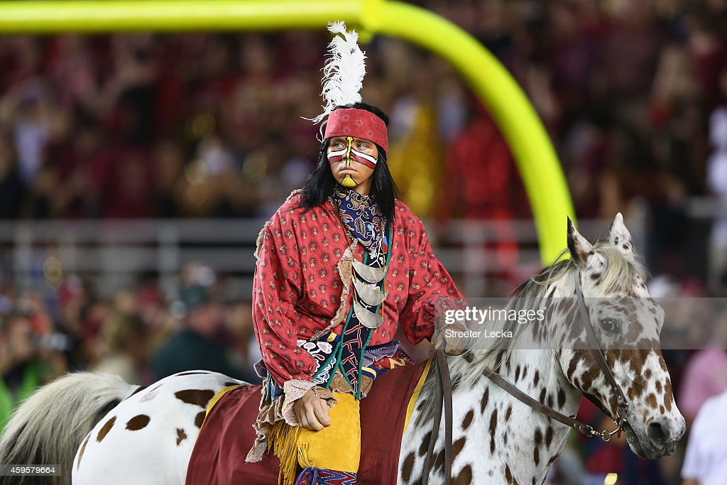 The mascot of the Florida State Seminoles during their game at Doak Campbell Stadium on October 18, 2014 in Tallahassee, Florida.