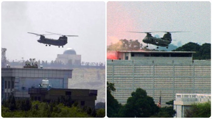 People lifted off the US embassy in Kabul (2021) and Saigon (1975).