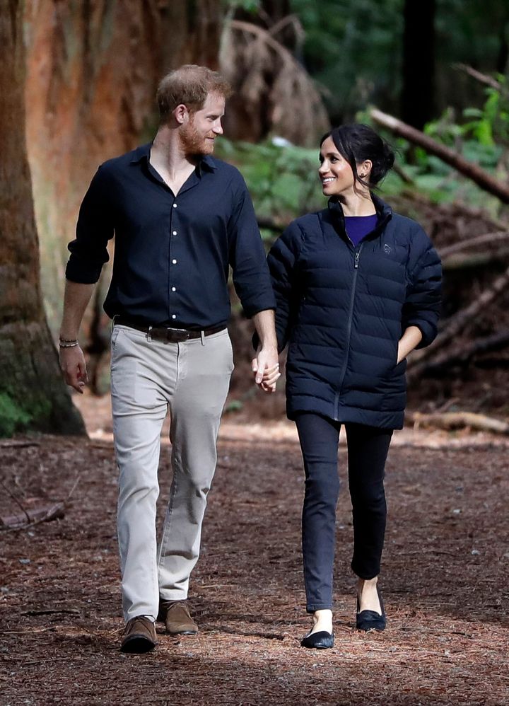 The Duke and Duchess of Sussex visit Redwoods Tree Walk on Oct. 31, 2018 in Rotorua, New Zealand. The Duke and Duchess of Sus