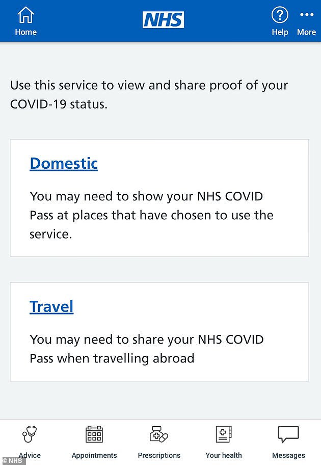 Those opening up the Covid section of the NHS App can now go through to the 'get your NHS Covid Pass' - which presents two options of 'domestic' or 'travel'