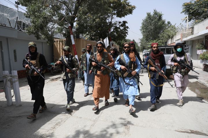 Taliban fighters patrol in the Wazir Akbar Khan neighborhood in the city of Kabul, Afghanistan, on Aug. 18, 2021.&nbsp;