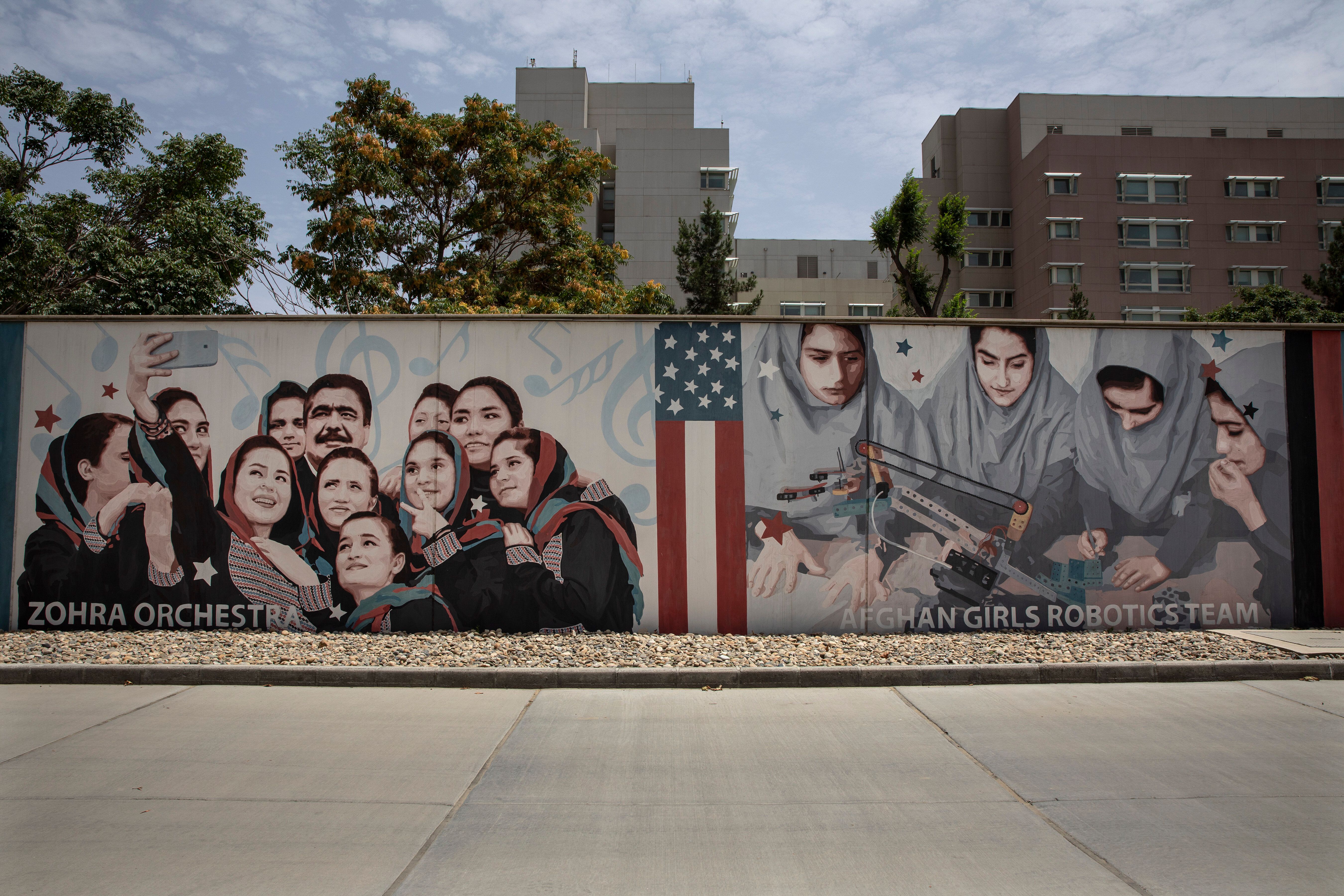 Murals are seen along the walls at the U.S. embassy in Kabul, Afghanistan.
