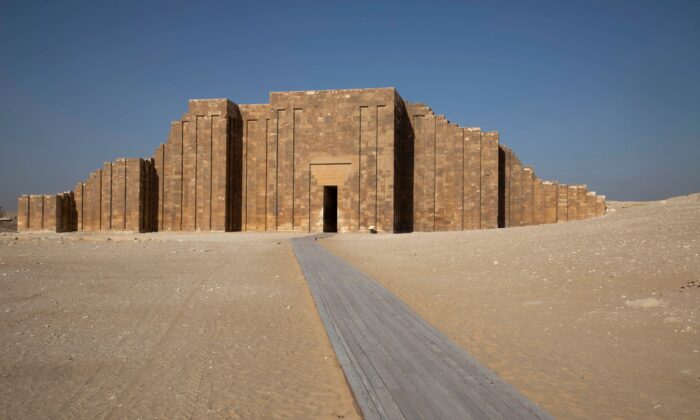 A path leads to the entrance of the southern cemetery of King Djoser, after its restoration, near the famed Step Pyramid, in Saqqara, south of Cairo, Egypt, on Sept. 14, 2021. (Nariman El-Mofty/AP Photo)