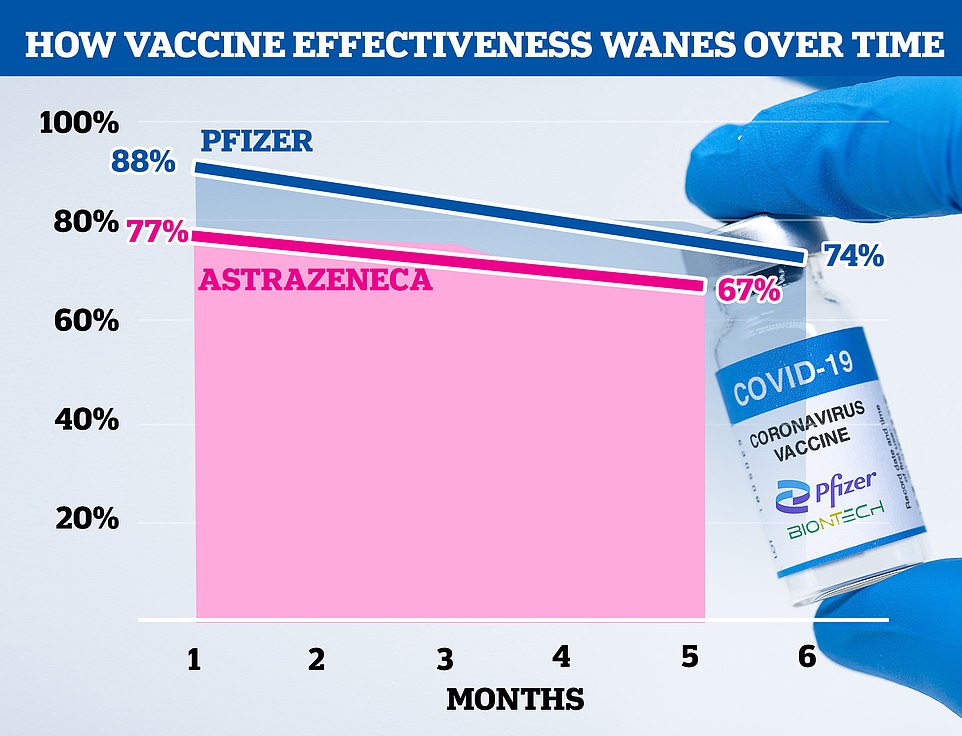 A study by King's College London last week suggested vaccine immunity against infection is already waning. Scientists monitored break-through Covid infections in 1.2million people who had received two doses of either the Pfizer or AstraZeneca vaccine. They found that immunity wanes over time. For the Pfizer jab (blue line) it dropped from 88 per cent protection against infection to 74 per cent up to six months after the second dose. And for the AstraZeneca jab (pink line) it dropped from 77 per cent to 67 per cent five months after the second dose. Experts suggested the effectiveness could drop to 50 per cent by the winter