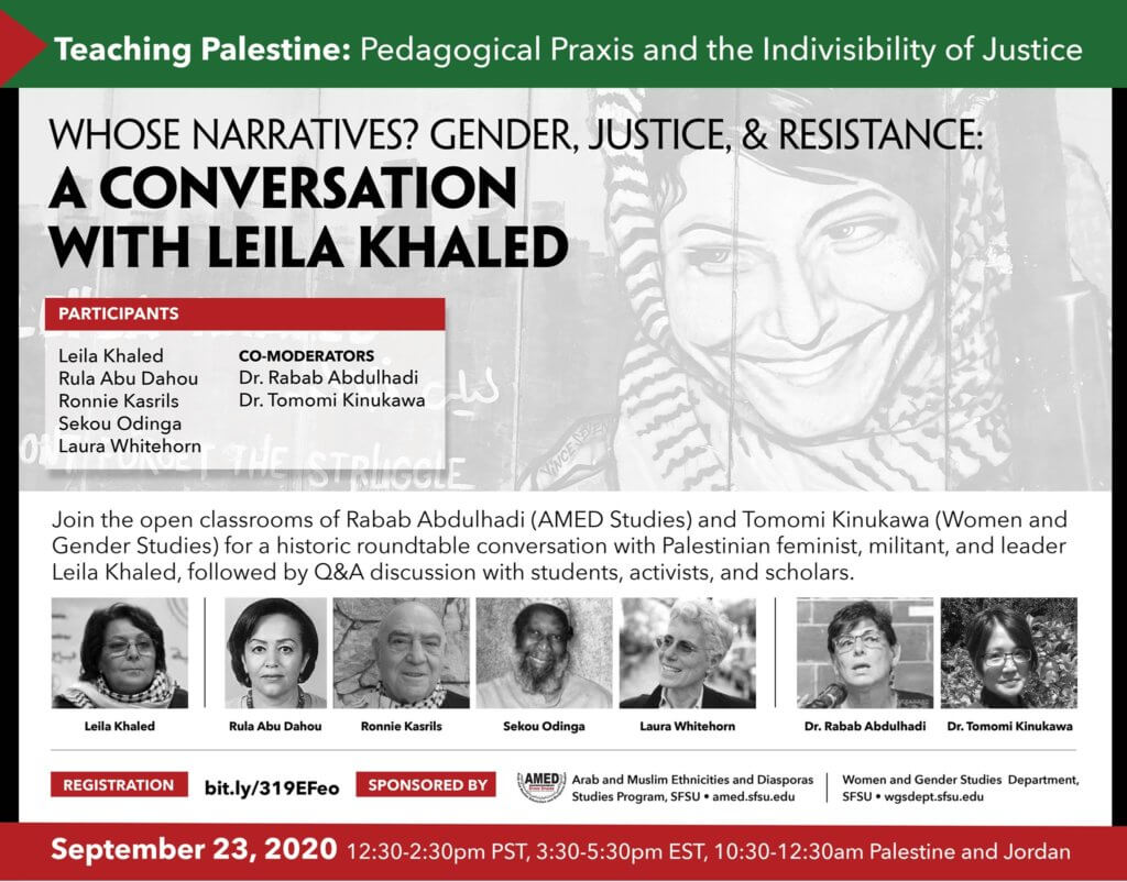 Flyer for the event, “Whose Narratives? Gender, Justice & Resistance: A conversation with Leila Khaled”