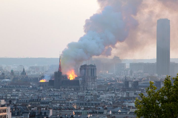 The cathedral is seen burning on April 15, 2019.