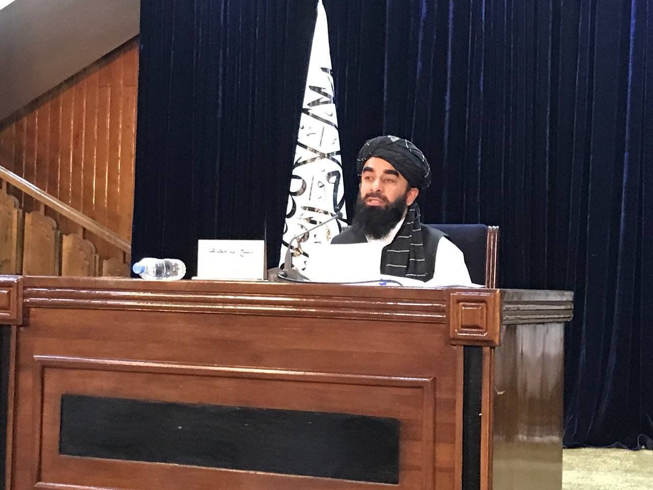 Taliban spokesperson Zabihullah Mujahid holds a press conference in Kabul, Afghanistan on Sept. 7.&nbsp;