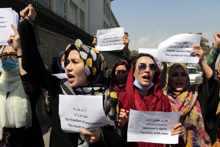 Women gather to demand their rights under the Taliban rule during a protest in Kabul, Afghanistan on Sept. 3.