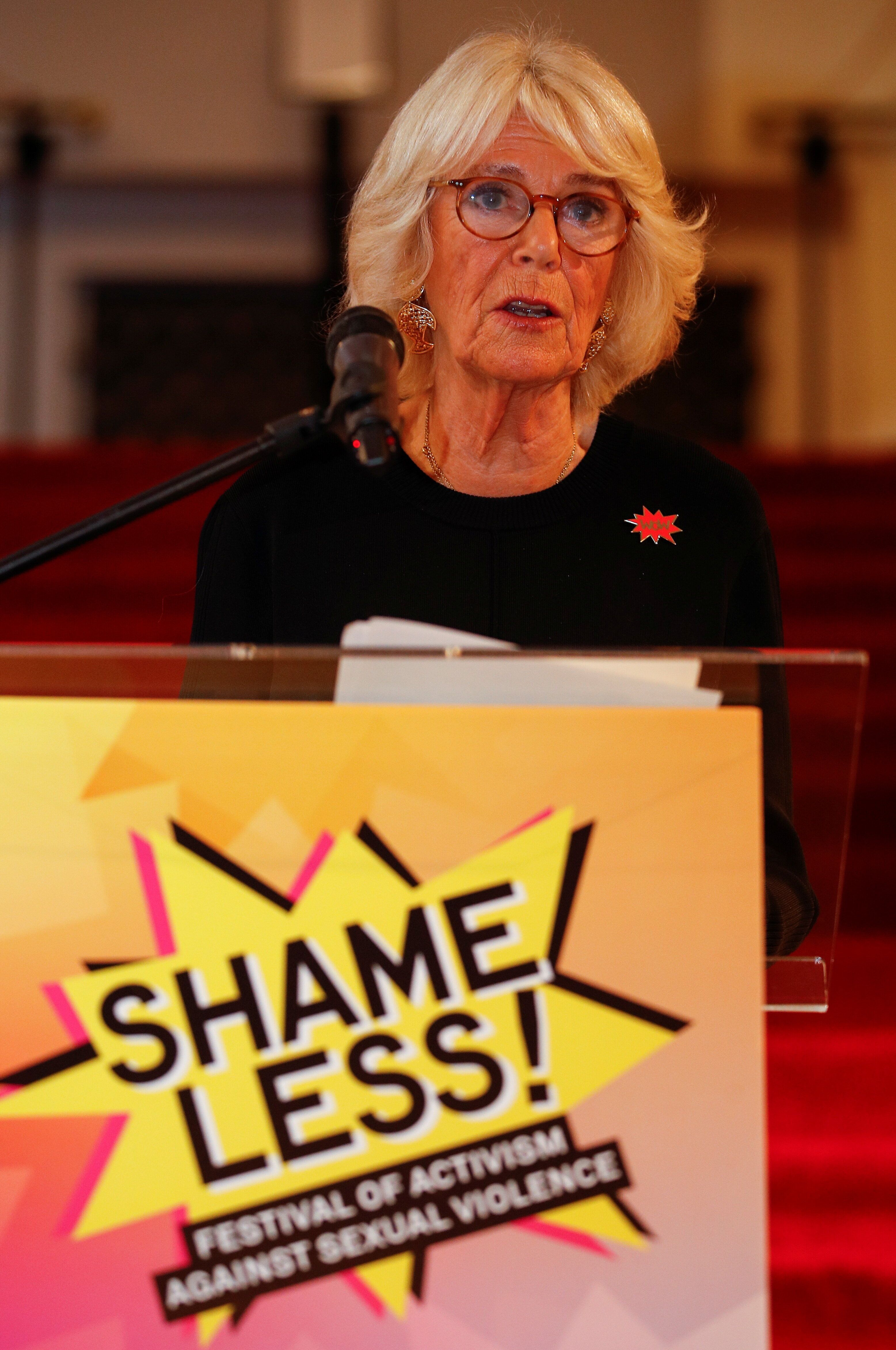 Camilla, Duchess of Cornwall speaks during a reception for the Shameless! Festival on Oct. 27 in London.