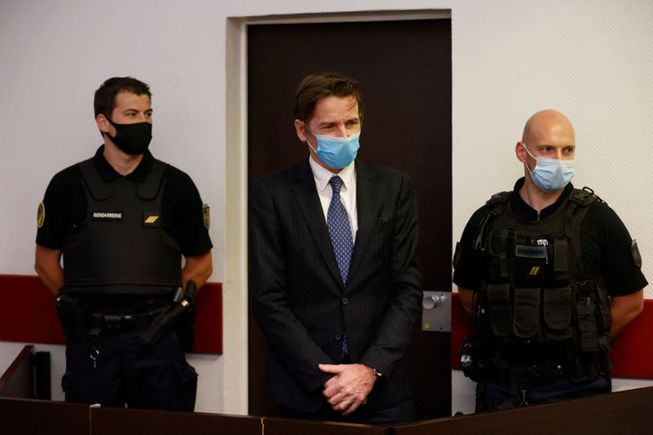 Rémy Daillet-Wiedemann, a former French politician whose popularity grew when he spread QAnon-style conspiracy theories, appears in court in Nancy, France on Wednesday, June 16, 2021, on charges he orchestrated the kidnapping of an 8-year-old girl whose mother had lost custody of her.