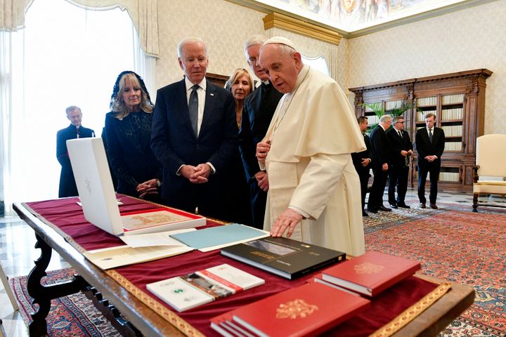 Pope Frasncis exchanges gifts with U.S. President Joe Biden and and First lady Jill Biden at the Apostolic Palace on Oct. 29, 2021, in Vatican City.