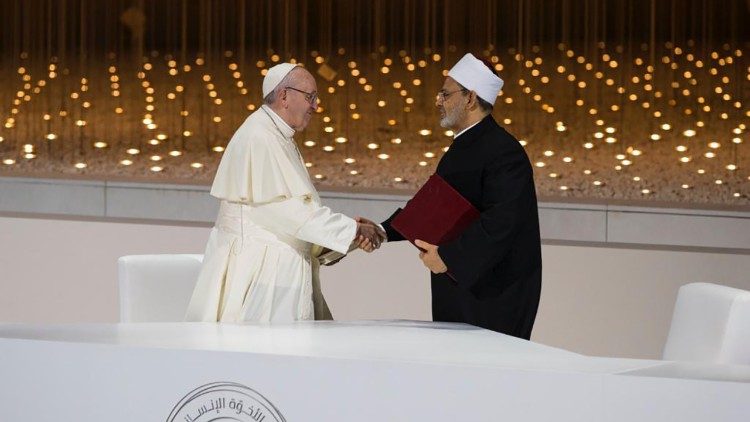 Pope Francis and the Grand Imam Ahmed el-Tayeb of al-Azhar after signing the Document on Human Fraternity in Abu Dhabi on Feb. 4, 2019