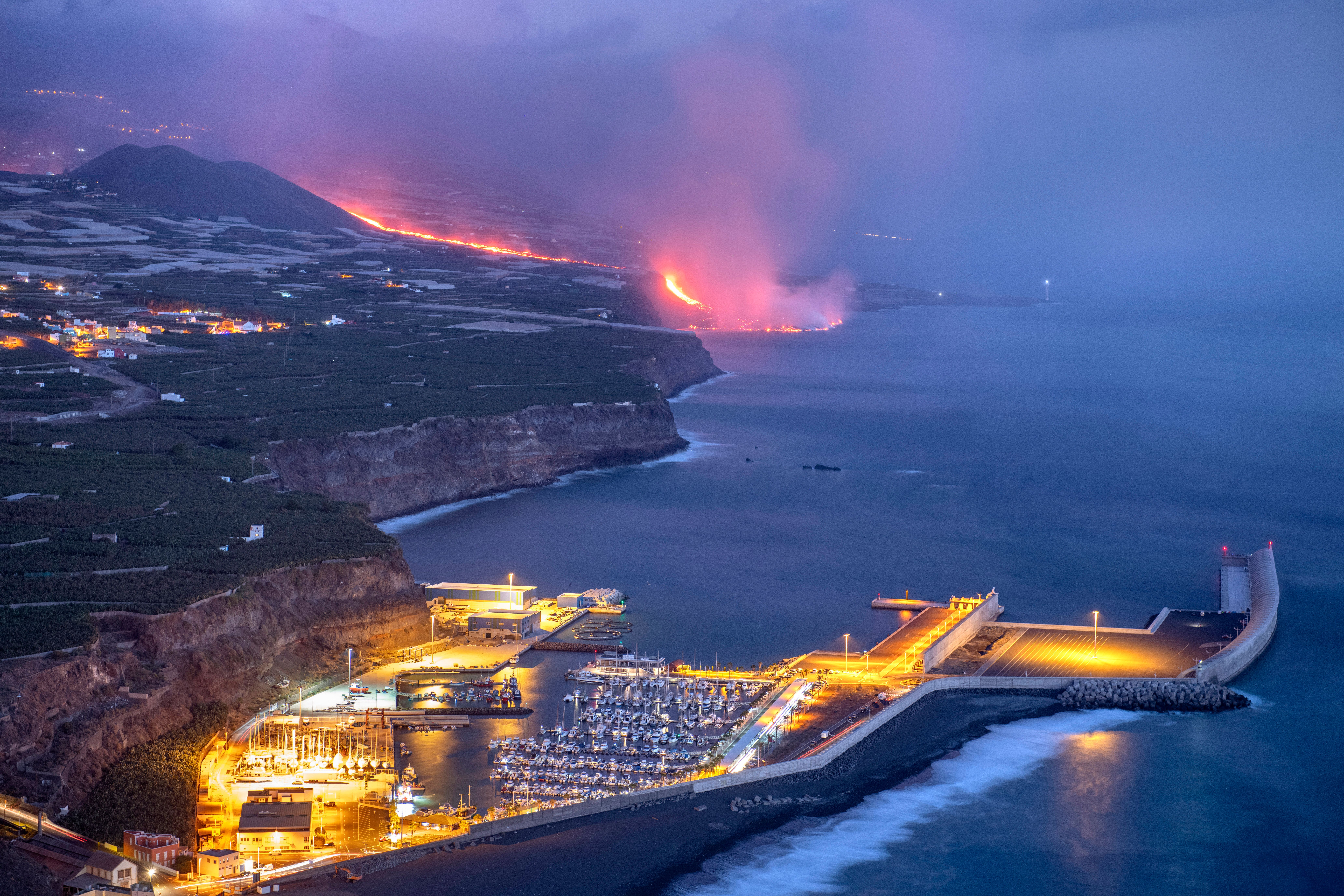 Lava from a volcano reaches the sea on Spain's La Palma island.