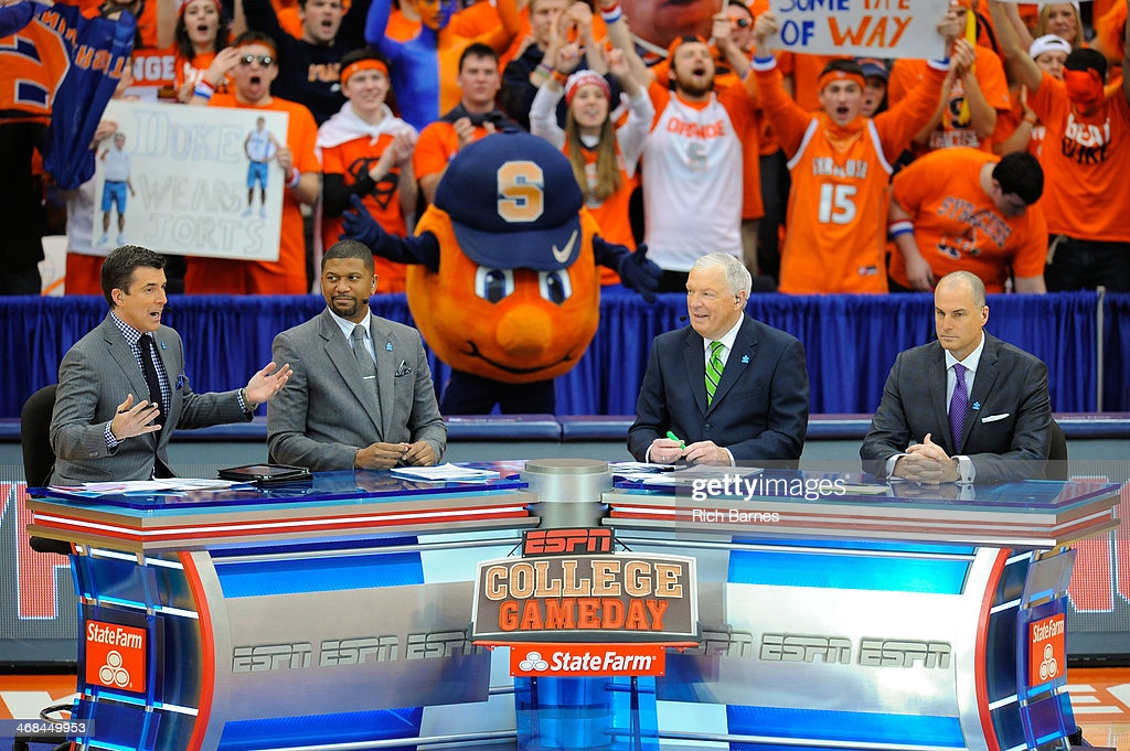 College GameDay hosts Rece Davis, Jalen Rose, Digger Phelps and Jay Bilas prior to the game between the Duke Blue Devils and the Syracuse Orange at...