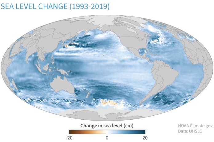 Map with colors showing increase in sea level rise worldwide.