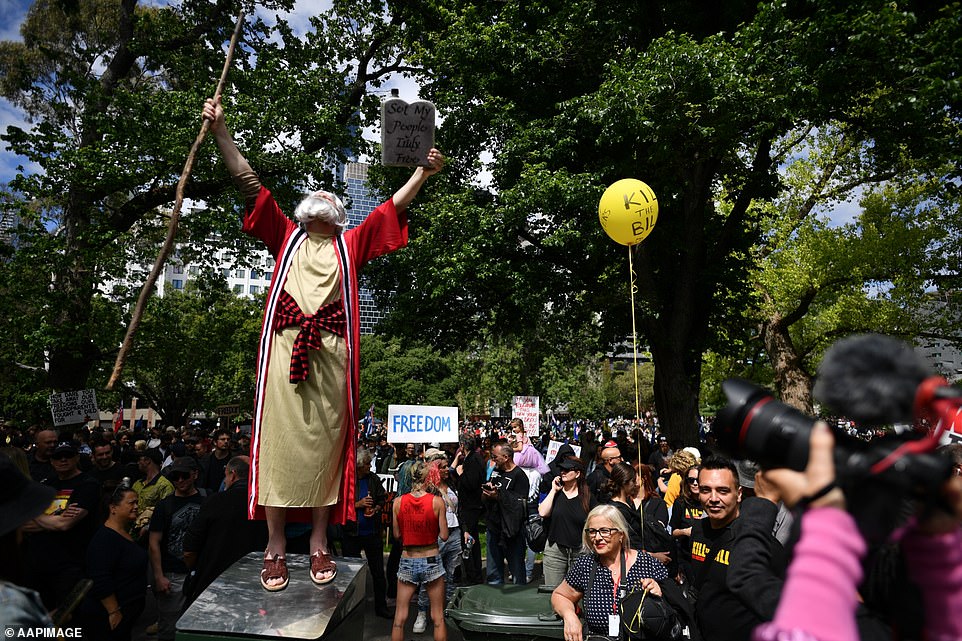 One protestor dressed up as Moses for the occasion in Melbourne on Saturday for the Worldwide Rally for Freedom