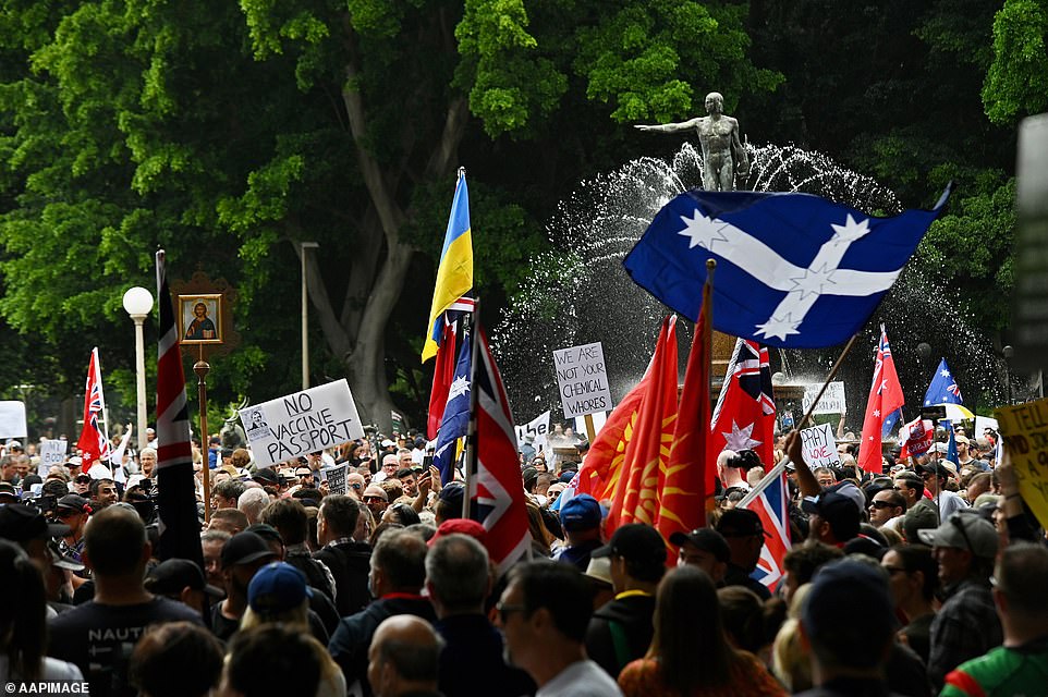 The Eureka Flag is a common sighting at the 'freedom' rally (pictured, demonstrators in Sydney)