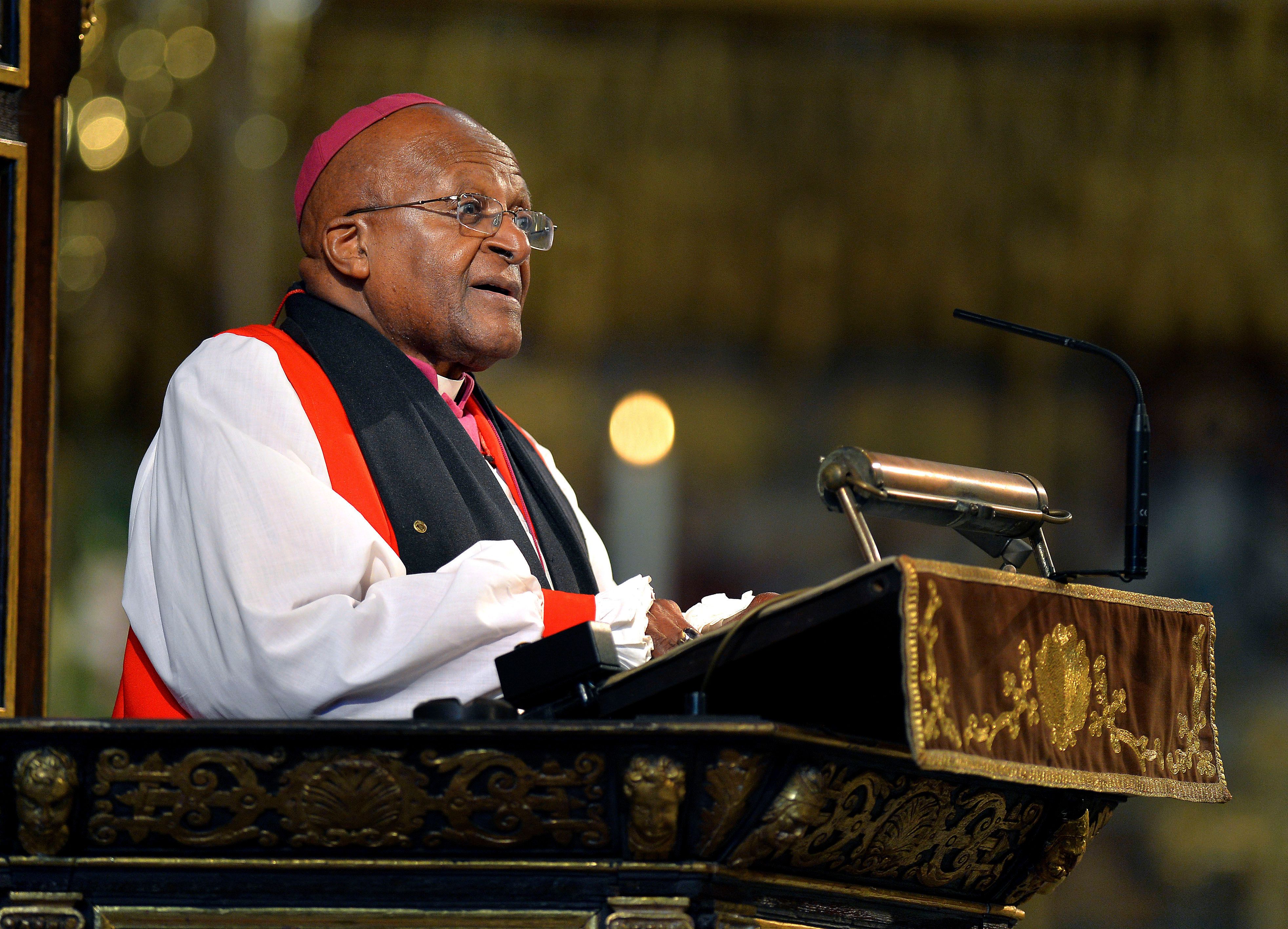 Desmond Tutu makes an address at Westminster Abbey in London during the memorial service for the former South African President Nelson Mandela, Monday March 3, 2014. (John Stillwell, Pool Photo via AP, File)