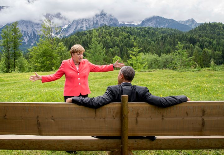 German Chancellor Angela Merkel speaks with U.S. President Barack Obama at Schloss Elmau hotel near Garmisch-Partenkirchen, Germany, during the G-7 summit, on June 8, 2015. 