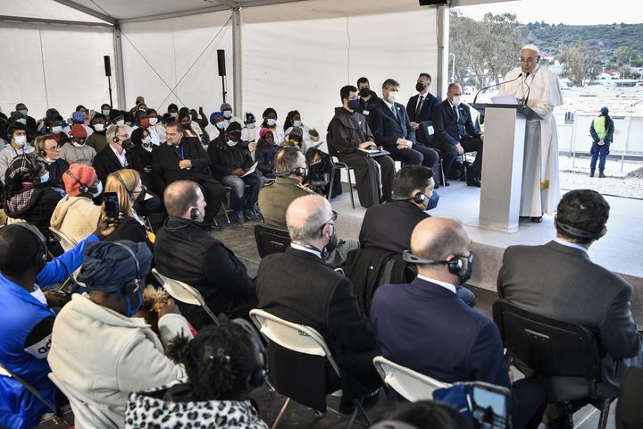 Pope Francis delivers a speech during a meeting with refugees at the Reception and Identification Centre (RIC) on the island of Lesbos on Sunday.