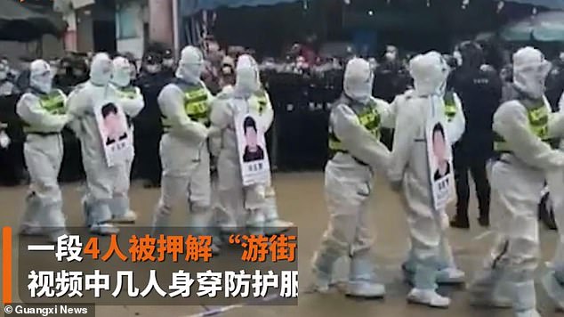 Armed riot police in southern China have paraded four alleged violators of Covid rules through the streets, leading to criticism of the government's heavy handed approach.
