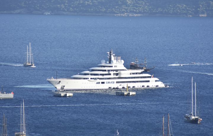 Scheherazade, one of the largest superyachts in the world, anchors in the Bodrum district of Mugla, Turkey, in August 2020.