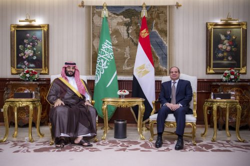 Saudi Arabian Crown Prince Mohammed bin Salman (L) meets with Egyptian President Abdel Fattah al-Sisi (R) Cairo, Egypt on June 20, 2022 [Royal Court of Saudi Arabia/Anadolu Agency]