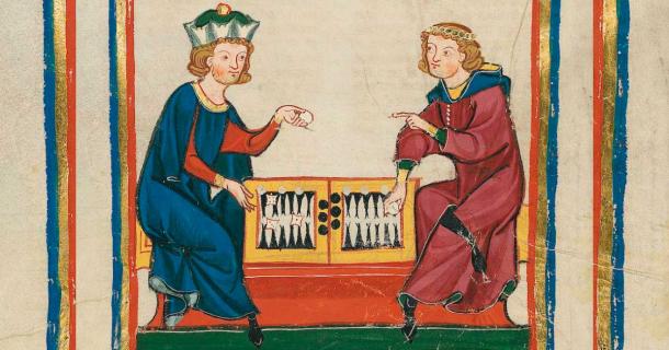 Backgammon as depicted from the 14th century Codex Manesse. Source: Public domain