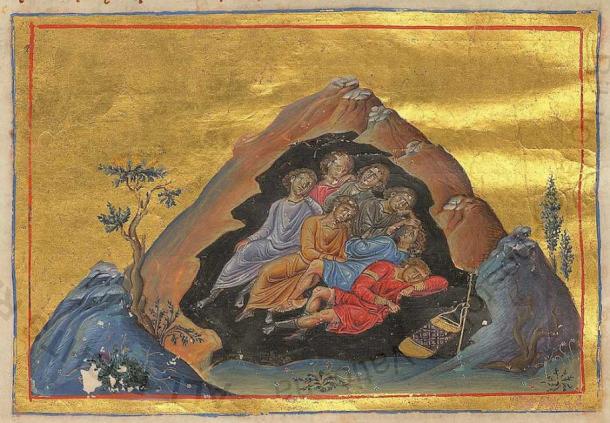 The grotto of the seven sleepers from the Menologion of Basil II. Source: Public domain