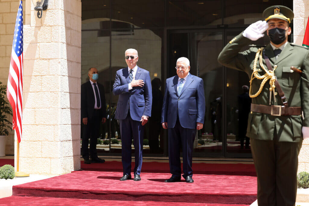 US President Joe Biden is received by Palestinian president Mahmud Abbas during a welcome ceremony at the Palestinian Muqataa Presidential Compound in the city of Bethlehem in the West Bank on July 15, 2022. (Photo: Thaer Ganaim/APA Images)